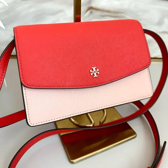 Like New Tory Burch EMERSON COLOR BLOCK MINI in BRIGHT SAMBA /PINK QUARTZ - Picture 2 of 12